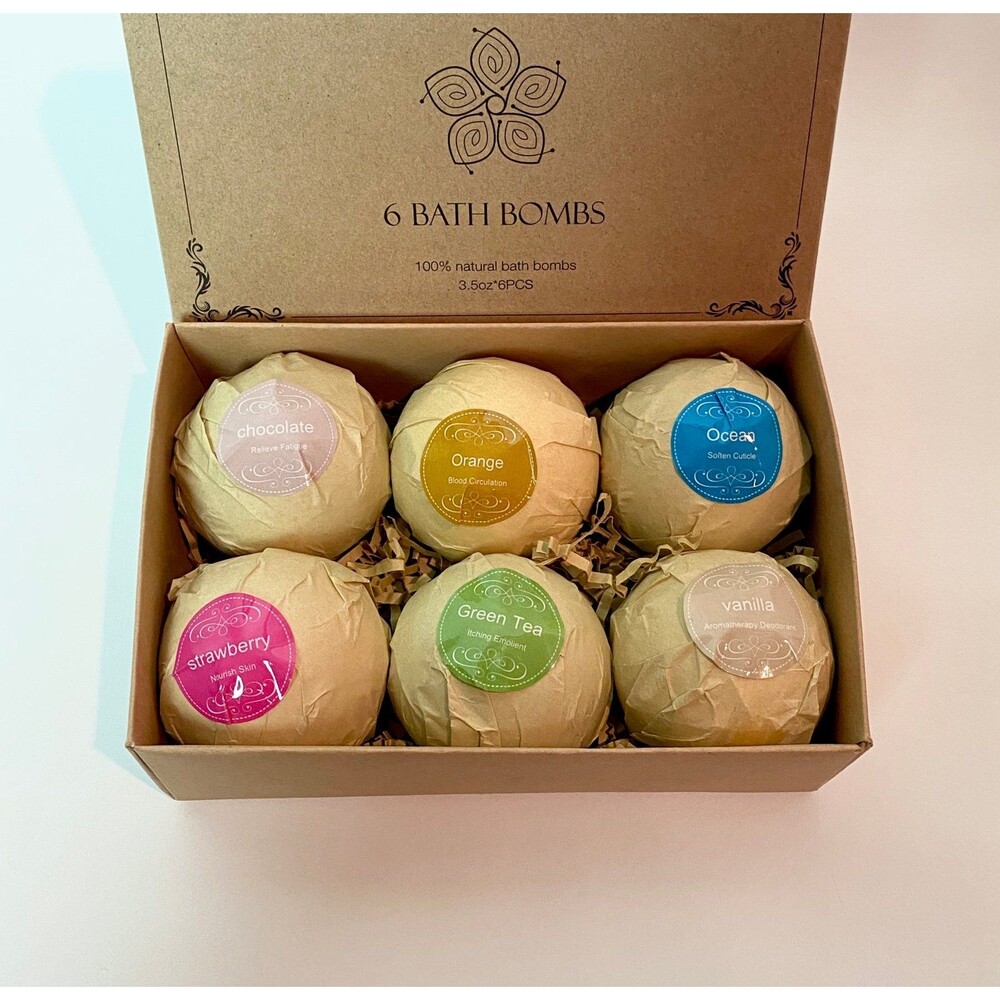 100% Natural 6 Pack Bath Bombs by VINAKAS In a Natural Brown Gift Box. - New
